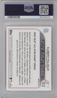 Albert Pujols from the 2022 Topps Update  set featuring a Gold parallel graded by PSA and given an overall grade of 9.