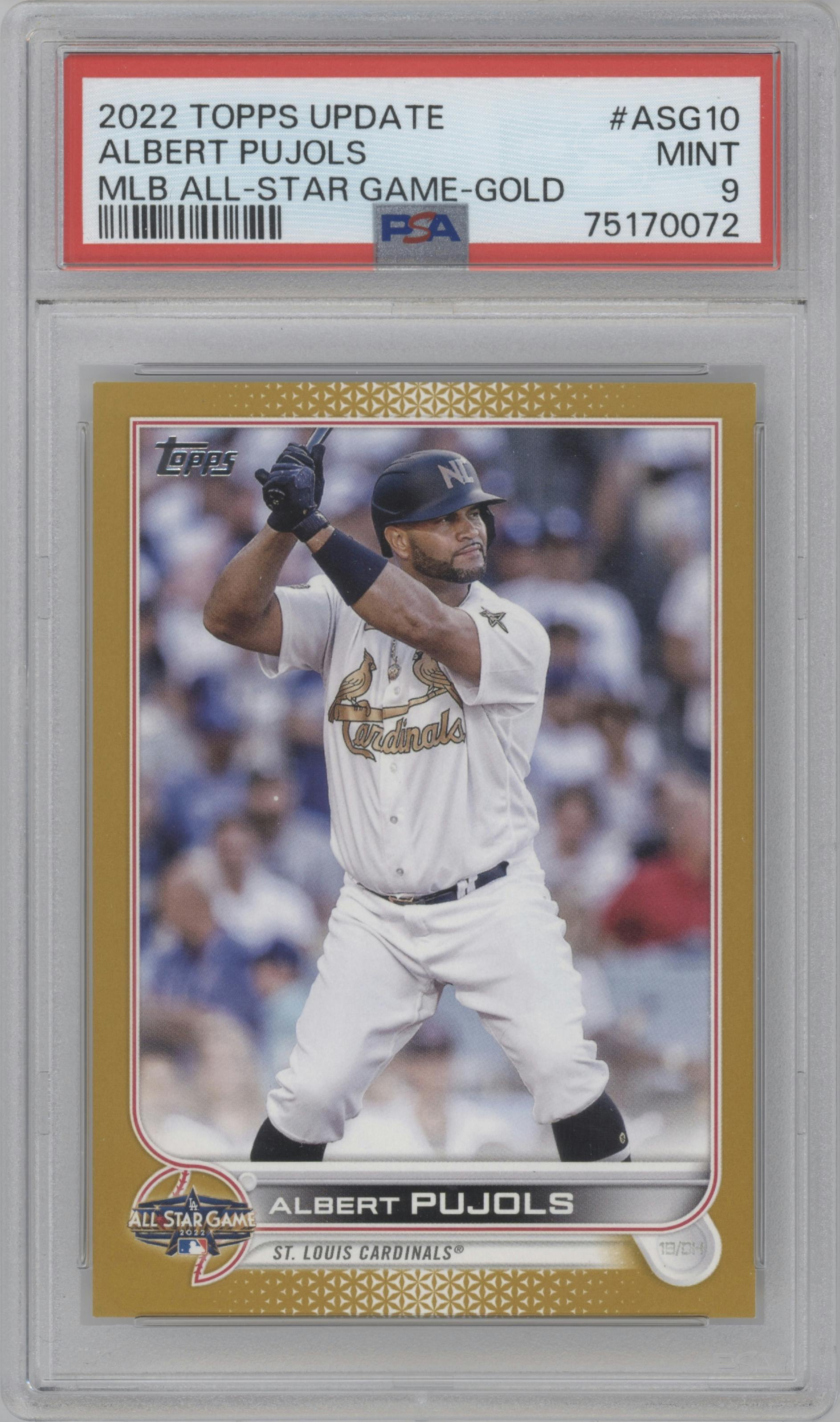 Albert Pujols from the 2022 Topps Update  set featuring a Gold parallel graded by PSA and given an overall grade of 9.