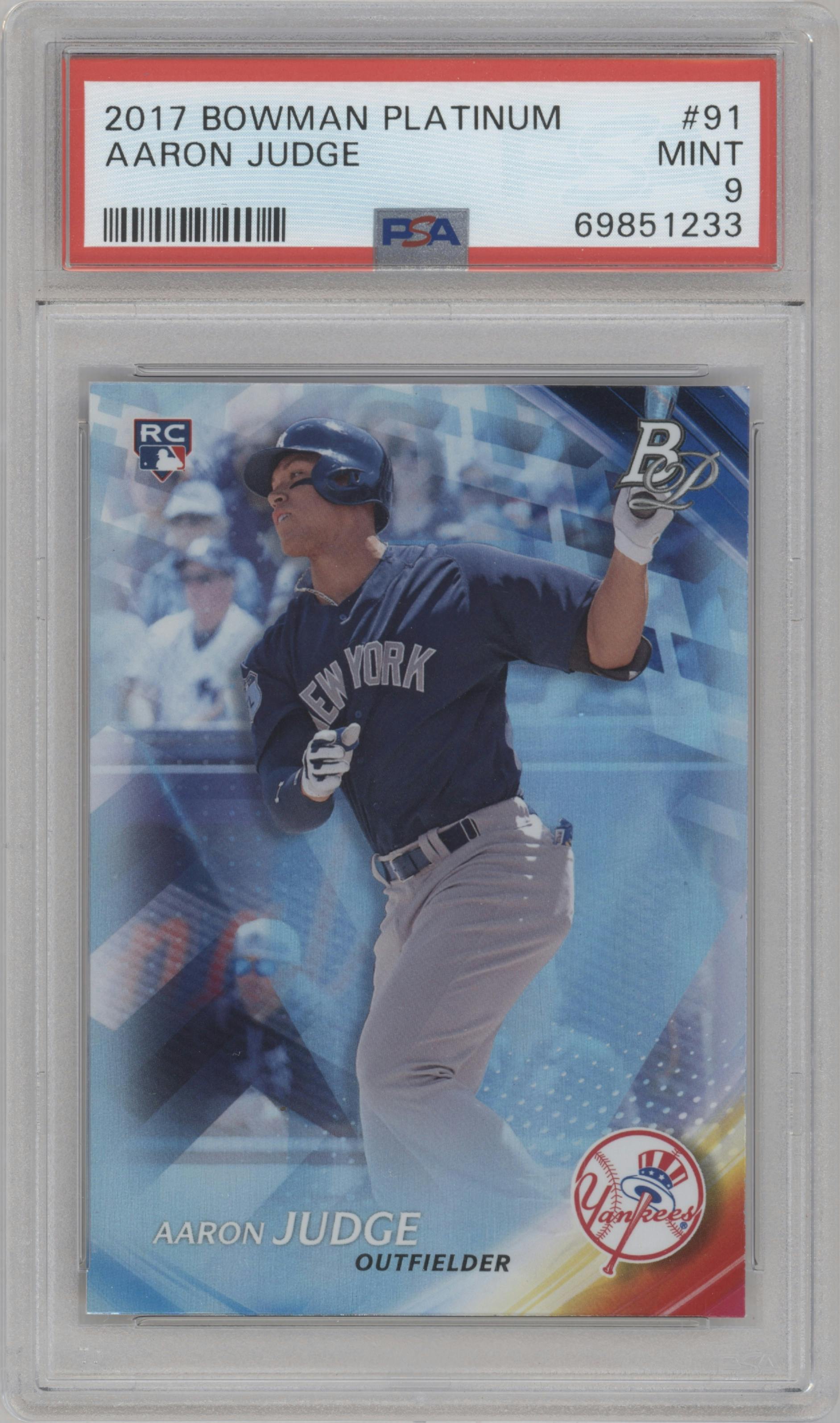 Aaron Judge from the 2017 Bowman Platinum set graded by PSA and given an overall grade of 9.