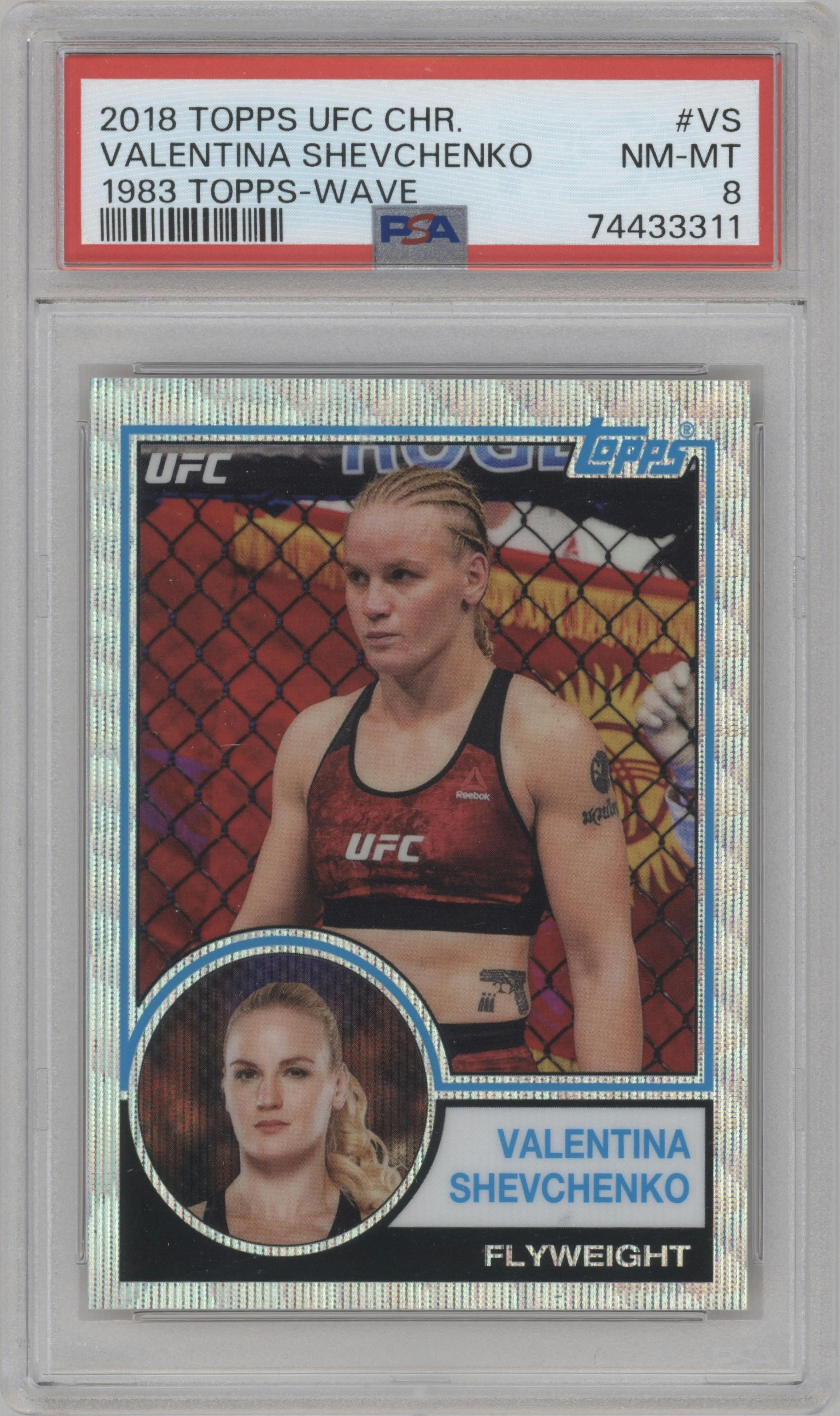 Valentina Shevchenko from the 2018 Topps UFC Chrome  set featuring a Wave Refractor parallel graded by PSA and given an overall grade of 8.