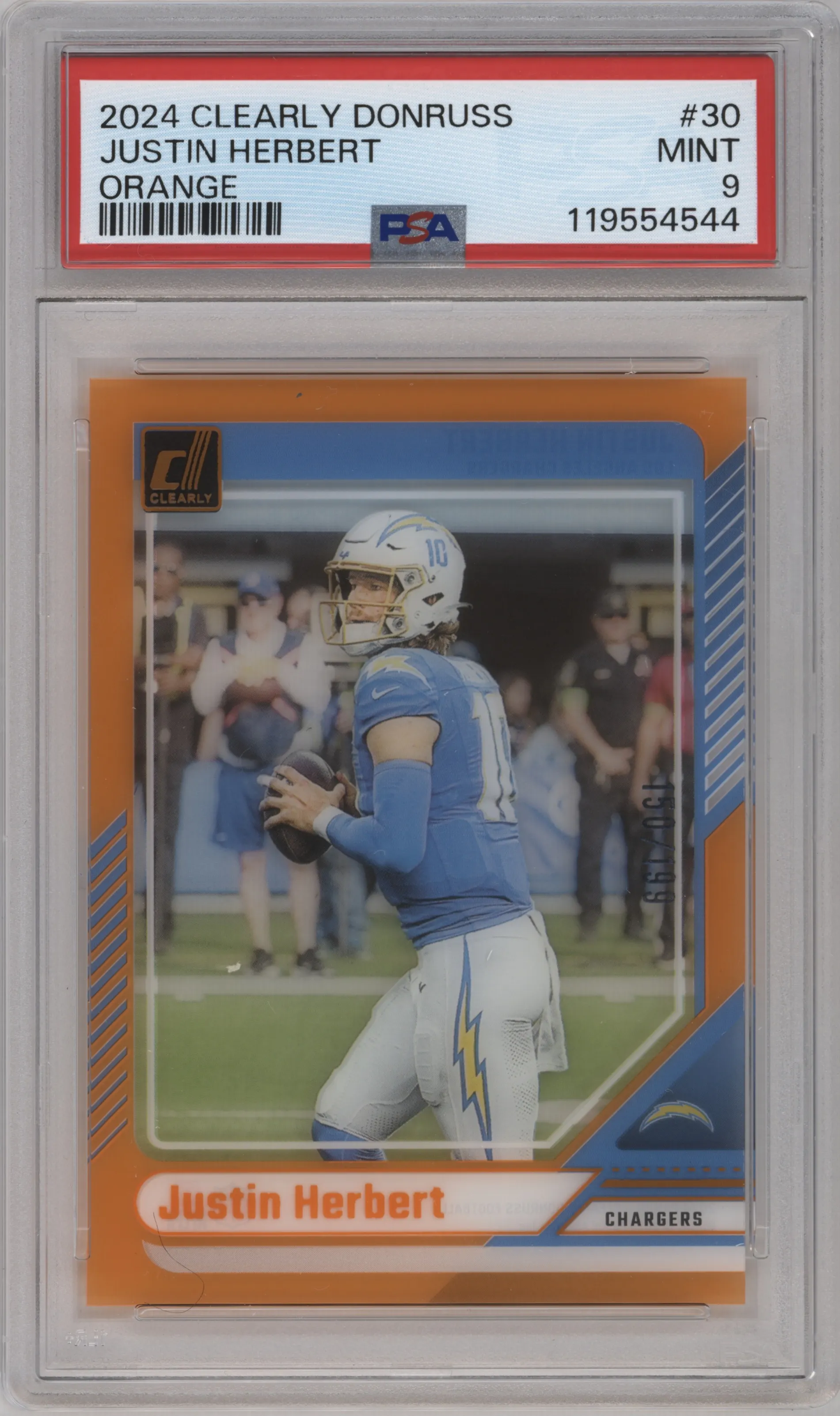 2024 Clearly Donruss Justin Herbert Orange PSA 9