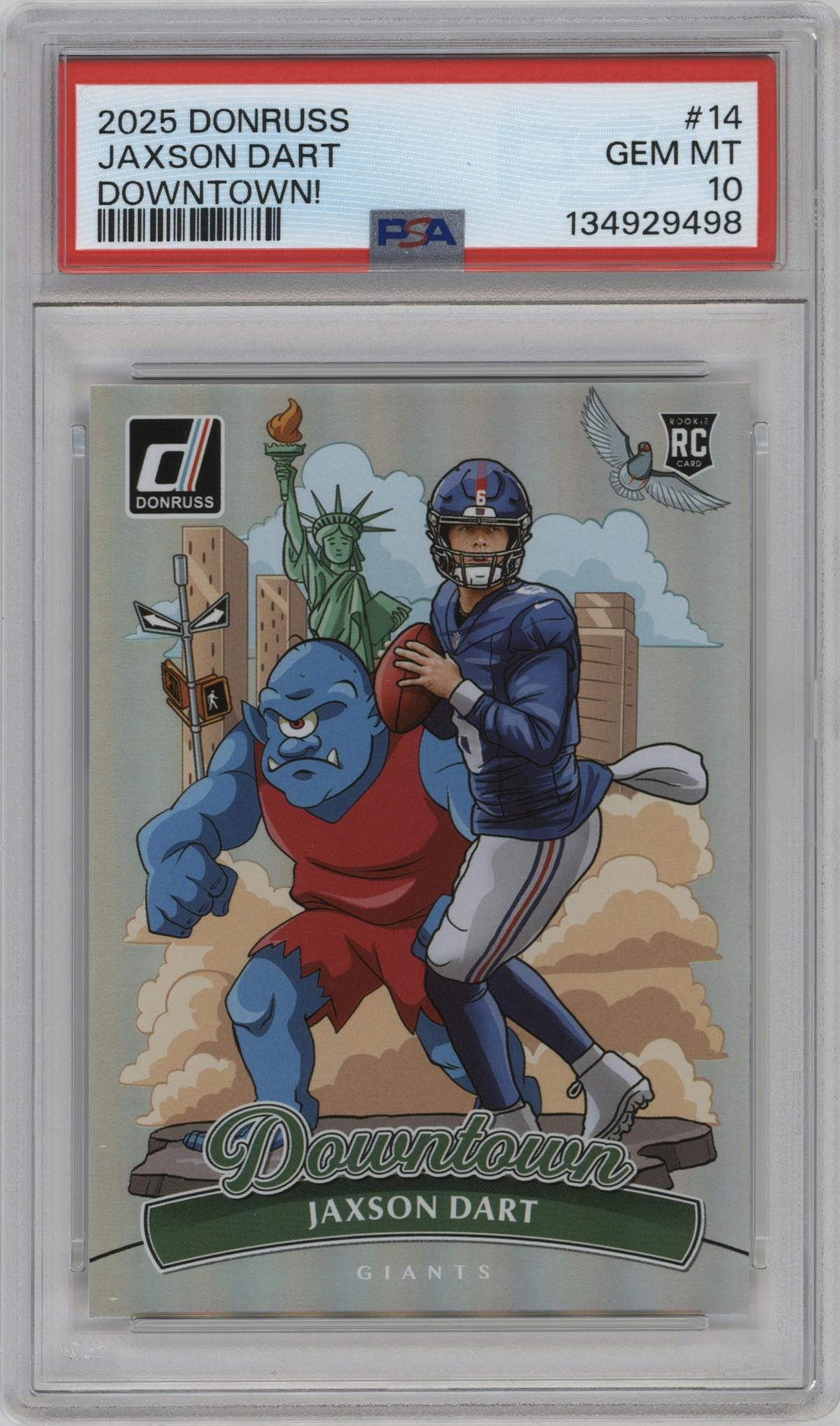 Jaxson Dart from the 2025 Panini Donruss set graded by PSA and given an overall grade of 10.