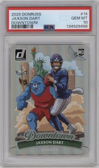Jaxson Dart from the 2025 Panini Donruss set graded by PSA and given an overall grade of 10.