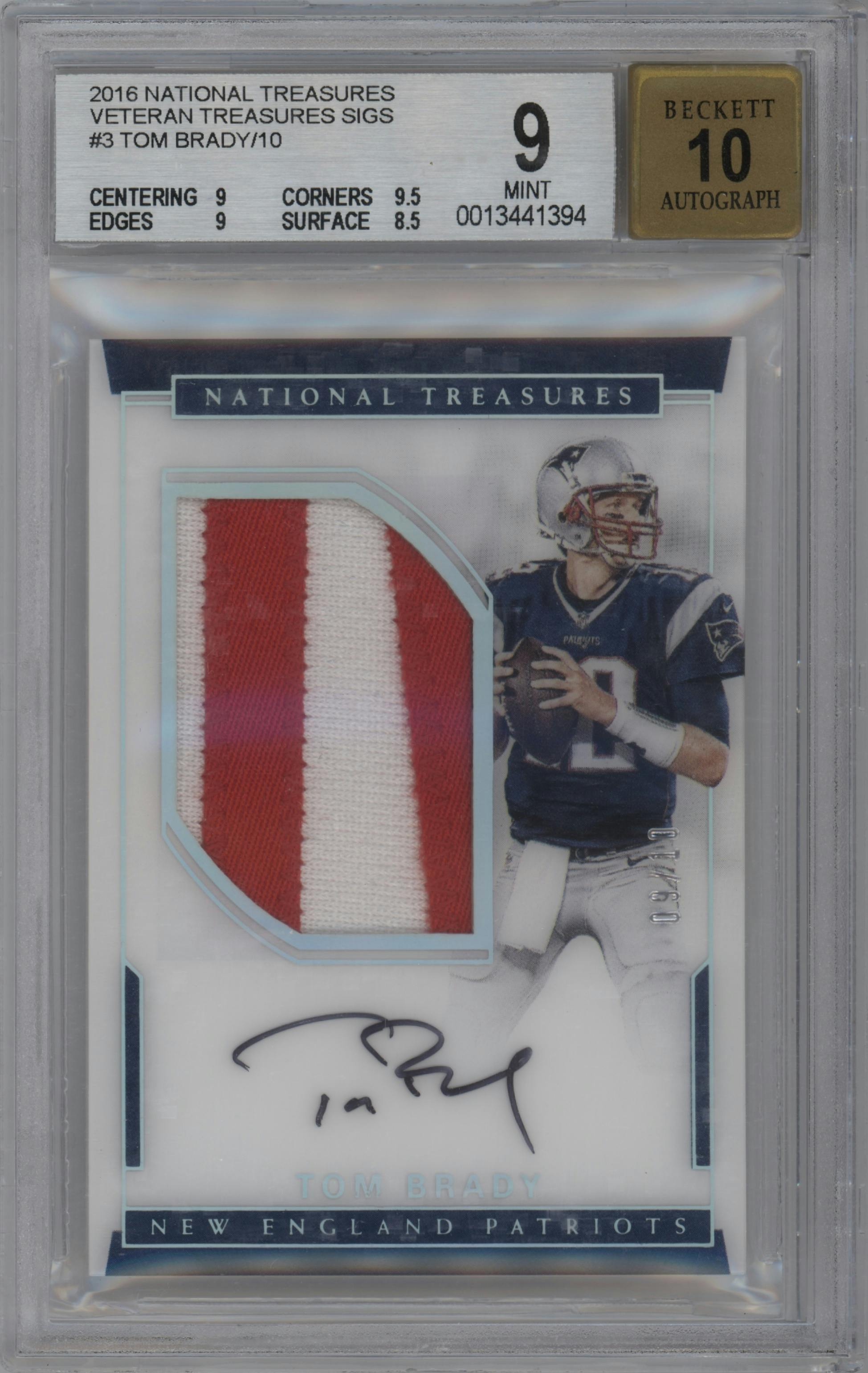 Tom Brady from the 2016 Panini National Treasures set graded by Beckett and given an overall grade of 9.