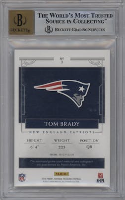 Tom Brady from the 2016 Panini National Treasures set graded by Beckett and given an overall grade of 9.