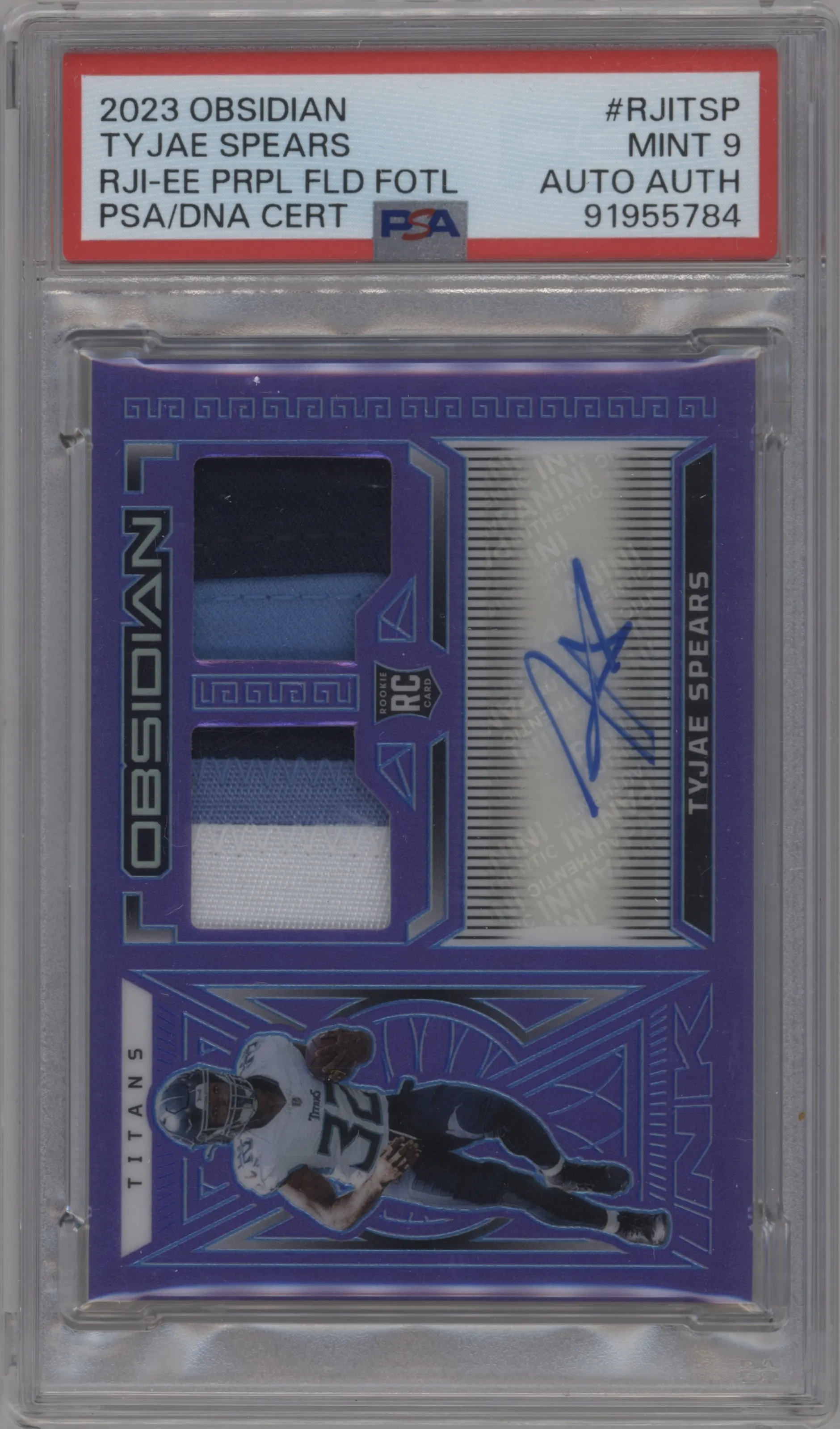 2023 Panini Obsidian Rke.Jrsy.Ink Tyjae Spears EE Purple Flood #RJI-TSP PSA 9