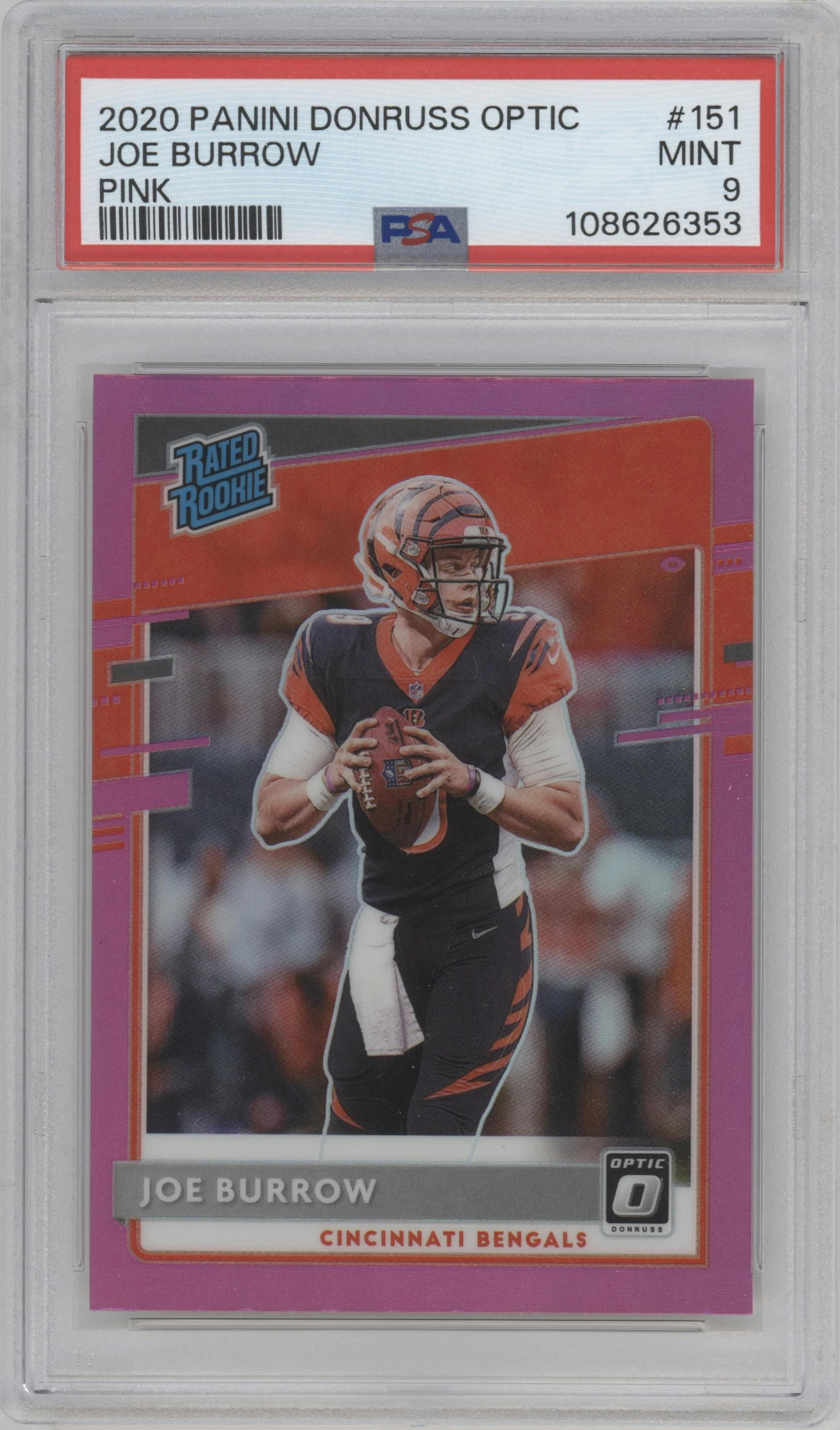 Joe Burrow from the 2020 Panini Donruss Optic set featuring a Pink parallel graded by PSA and given an overall grade of 9.