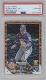 Bobby Witt Jr. from the 2023 Topps set featuring a Orange Foil parallel graded by PSA and given an overall grade of 10.