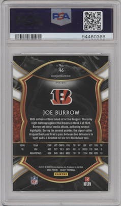 Joe Burrow from the 2020 Panini Select set featuring a Silver Prizm parallel graded by PSA and given an overall grade of 10.