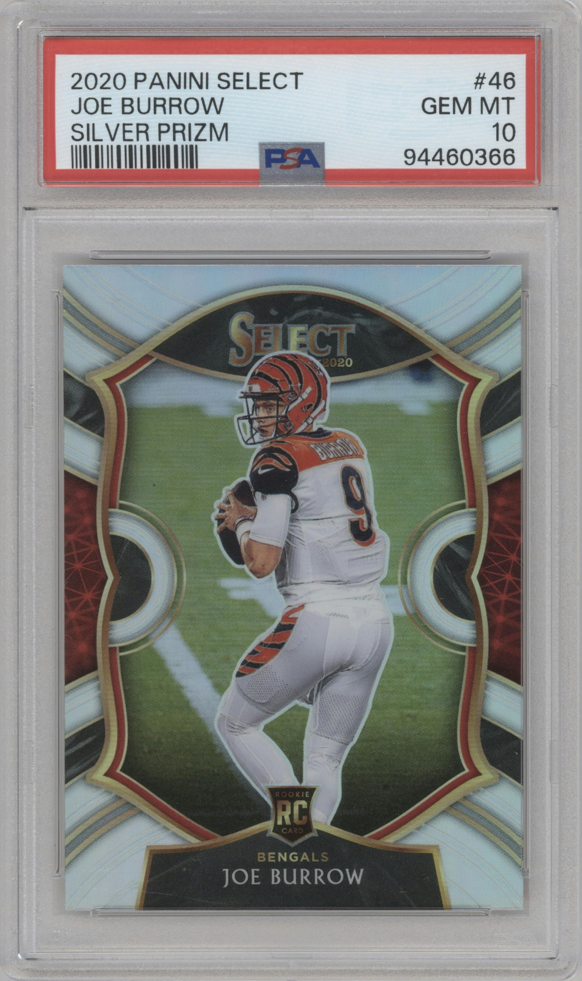 Joe Burrow from the 2020 Panini Select set featuring a Silver Prizm parallel graded by PSA and given an overall grade of 10.