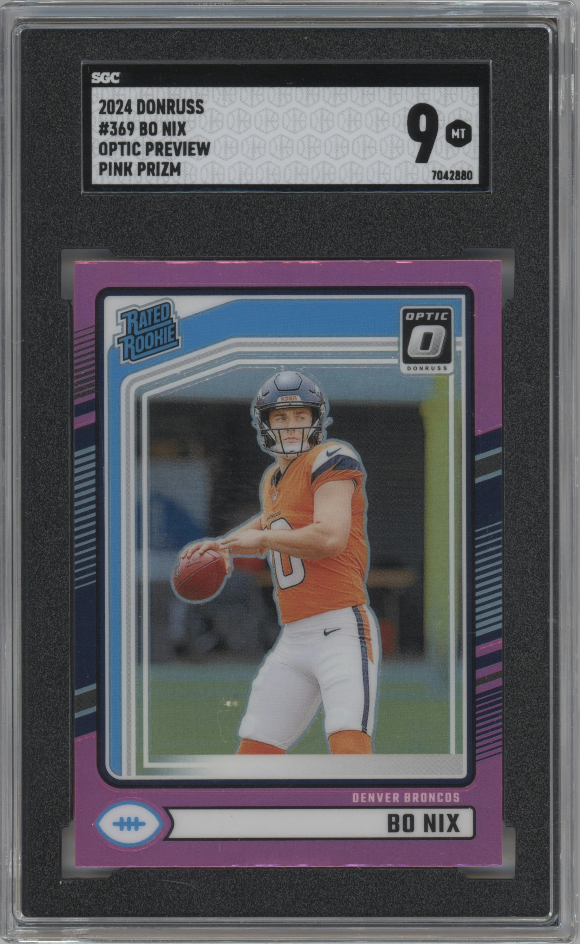 Bo Nix from the 2024 Donruss set featuring a Pink parallel graded by SGC and given an overall grade of 9.