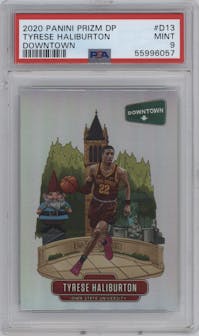 Tyrese Haliburton from the 2020 Panini Prizm Draft Picks Collegiate set graded by PSA and given an overall grade of 9.