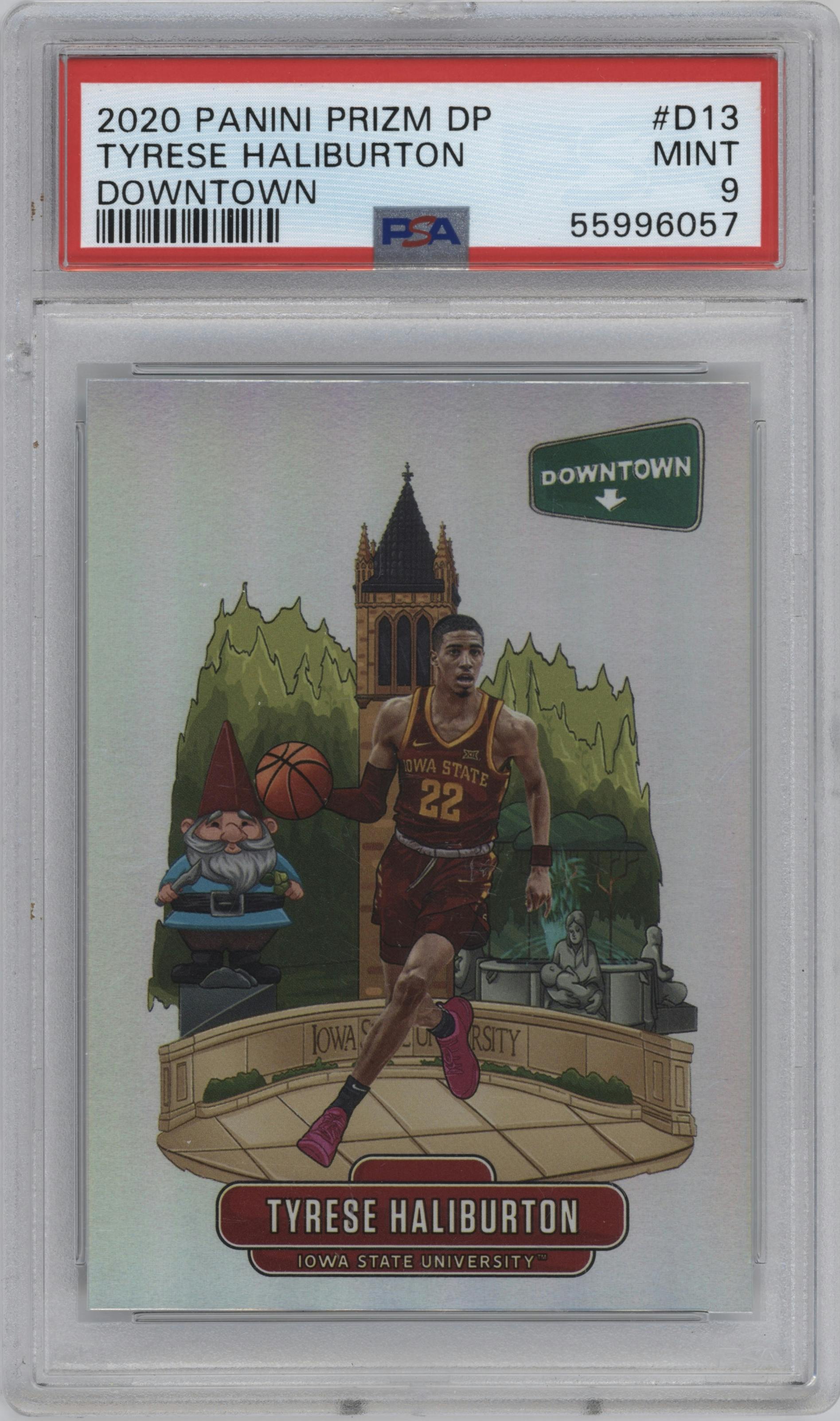 Tyrese Haliburton from the 2020 Panini Prizm Draft Picks Collegiate set graded by PSA and given an overall grade of 9.