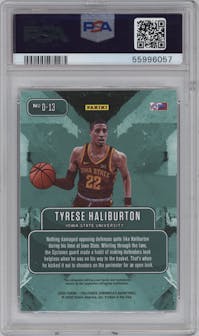 Tyrese Haliburton from the 2020 Panini Prizm Draft Picks Collegiate set graded by PSA and given an overall grade of 9.