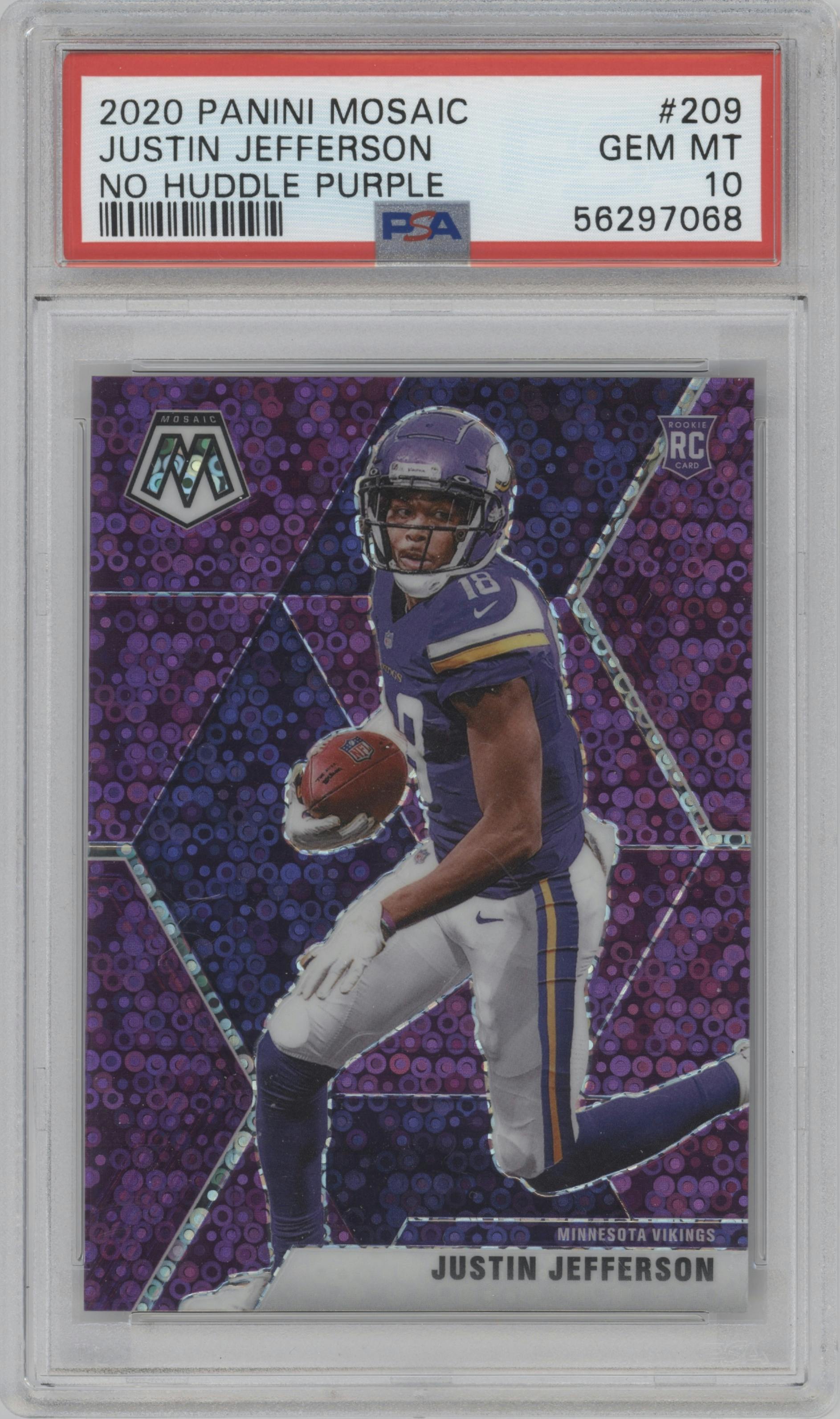 Justin Jefferson from the 2020 Panini Mosaic set featuring a No Huddle Purple parallel graded by PSA and given an overall grade of 10.