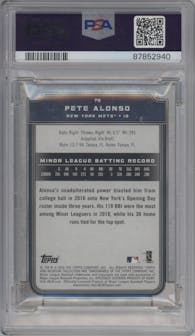 Pete Alonso from the 2019 Topps Museum Collection set featuring a Sapphire parallel graded by PSA and given an overall grade of 9.