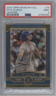 Pete Alonso from the 2019 Topps Museum Collection set featuring a Sapphire parallel graded by PSA and given an overall grade of 9.
