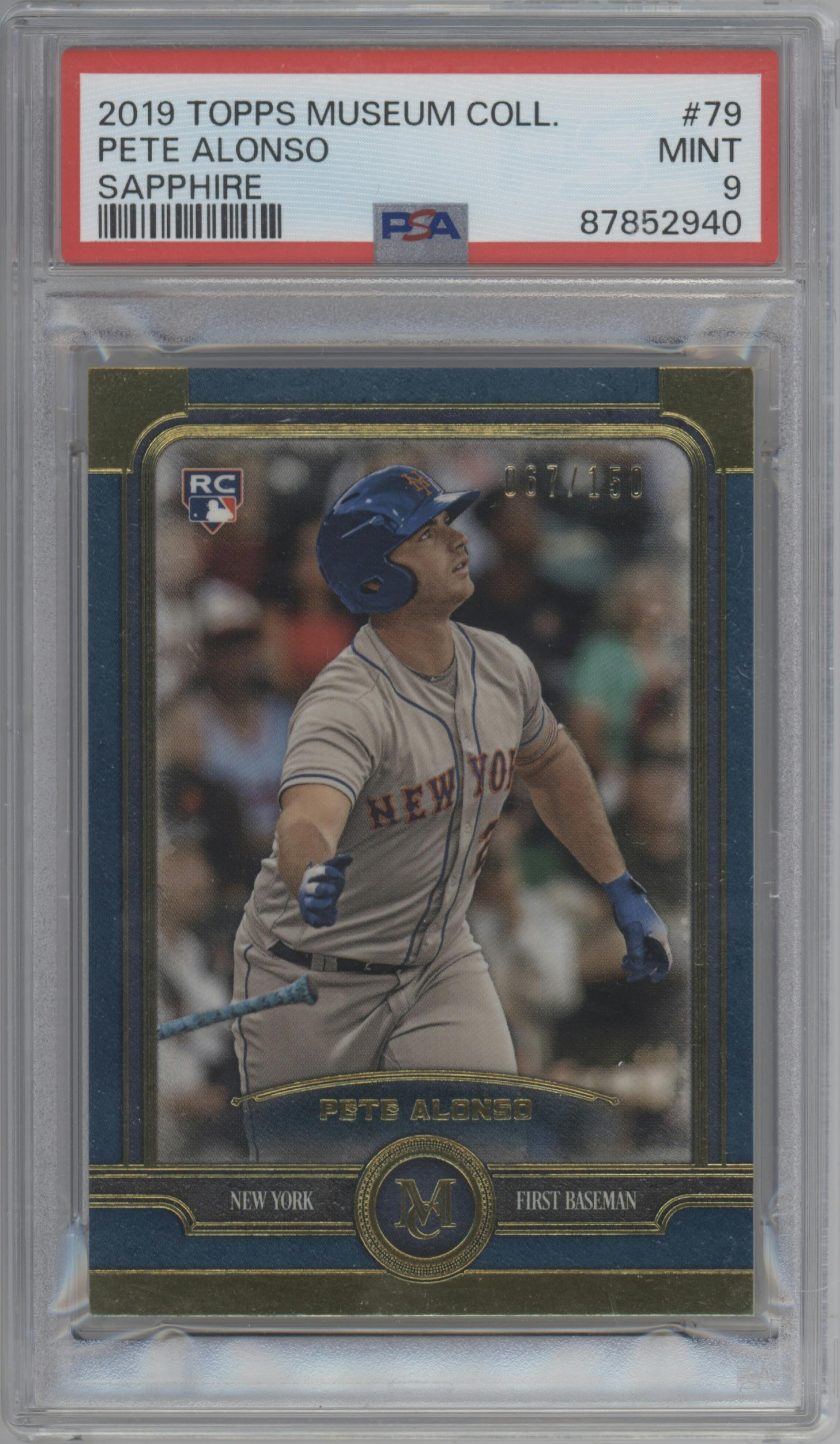 Pete Alonso from the 2019 Topps Museum Collection set featuring a Sapphire parallel graded by PSA and given an overall grade of 9.