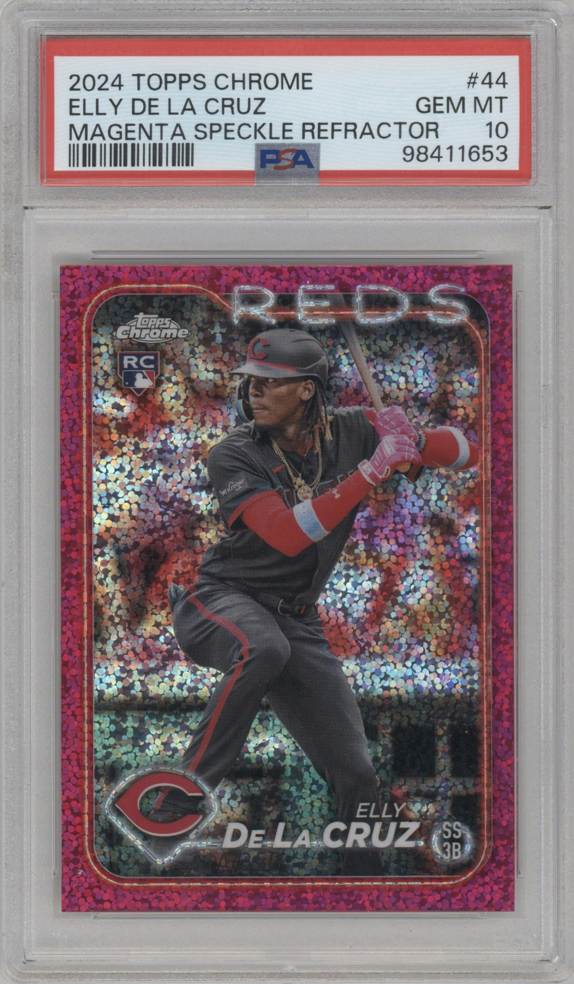 Elly De La Cruz from the 2024 Topps Chrome set featuring a Magenta Speckle Refractor parallel graded by PSA and given an overall grade of 10.