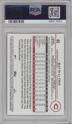 Elly De La Cruz from the 2024 Topps Chrome set featuring a Magenta Speckle Refractor parallel graded by PSA and given an overall grade of 10.