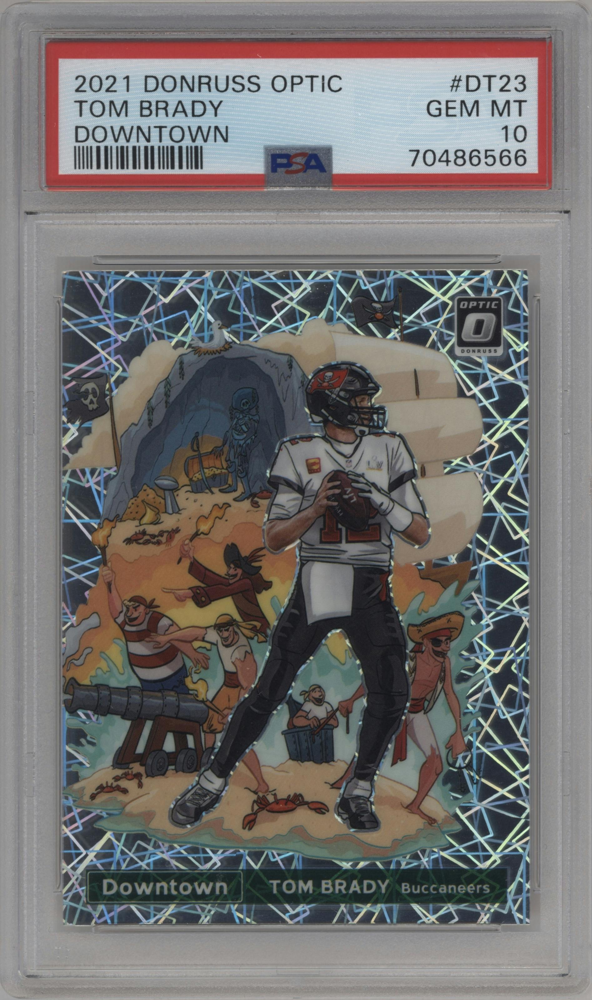 Tom Brady from the 2021 Panini Donruss Optic set graded by PSA and given an overall grade of 10.
