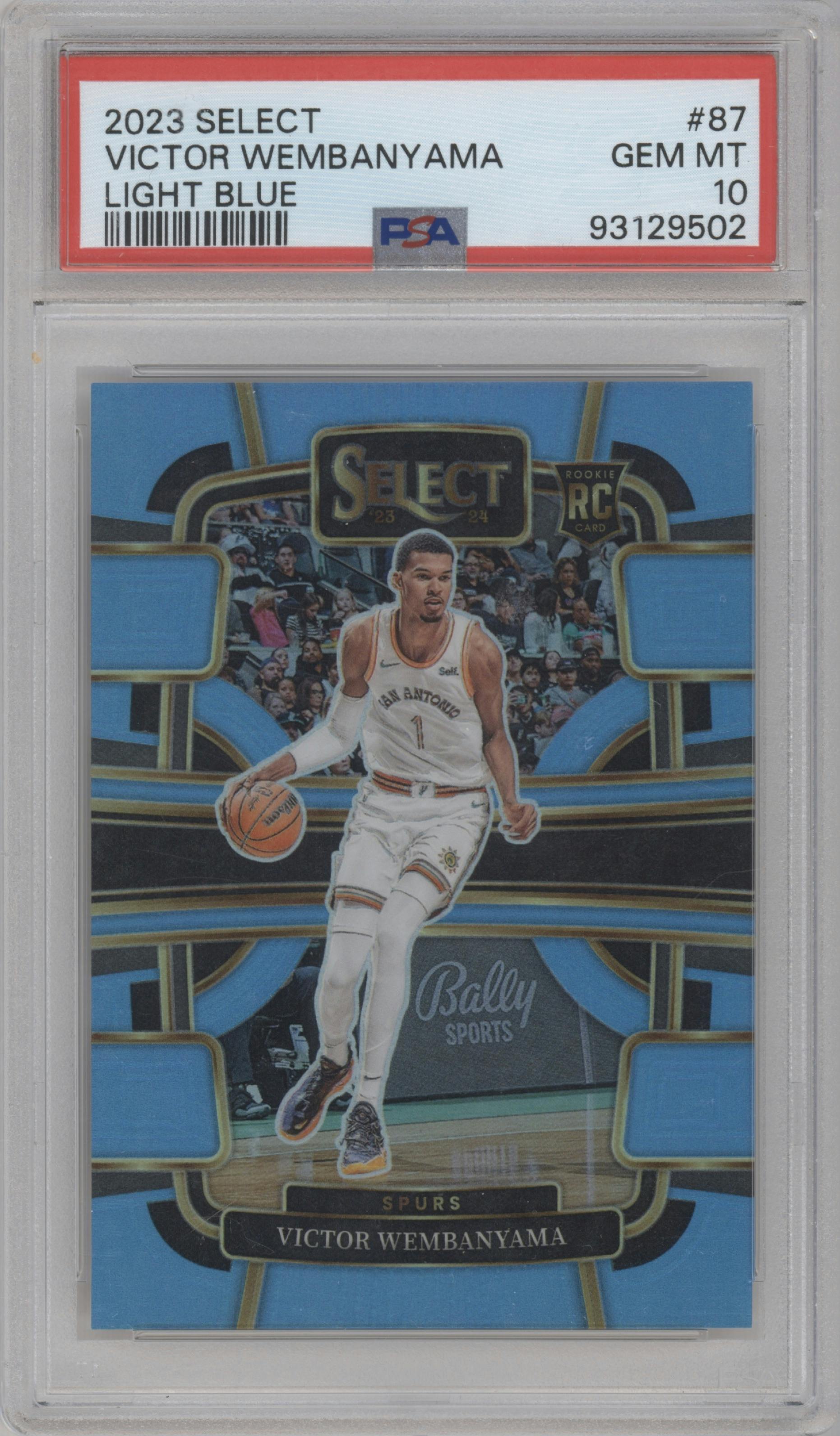 Victor Wembanyama from the 2023-24 Panini Select  set featuring a Light Blue Prizm parallel graded by PSA and given an overall grade of 10.