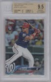 Juan Soto from the 2018 Topps Chrome Update  set featuring a Refractor parallel graded by Beckett and given an overall grade of 9.5.
