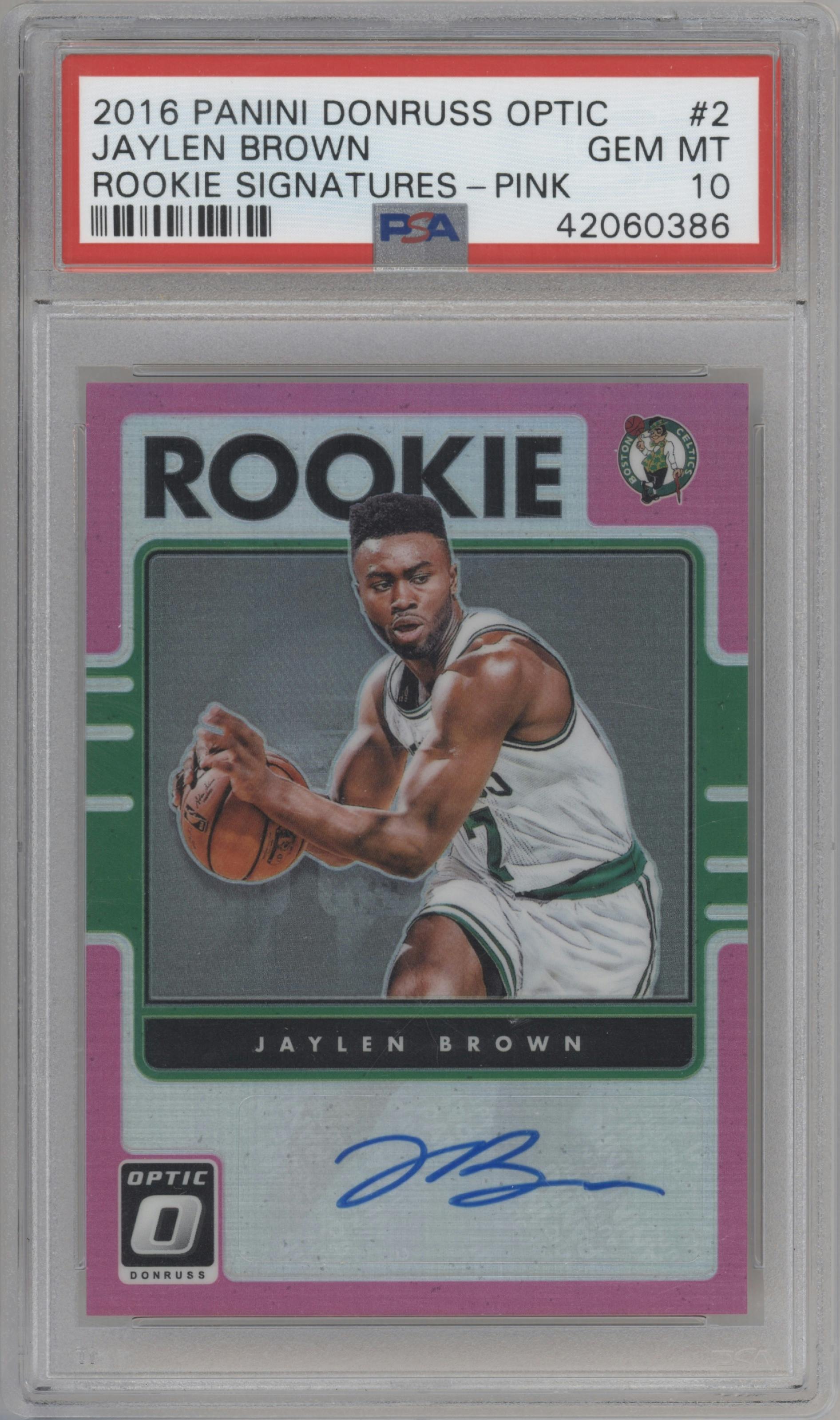 Jaylen Brown from the 2016-17 Panini Donruss Optic set featuring a Pink parallel graded by PSA and given an overall grade of 10.