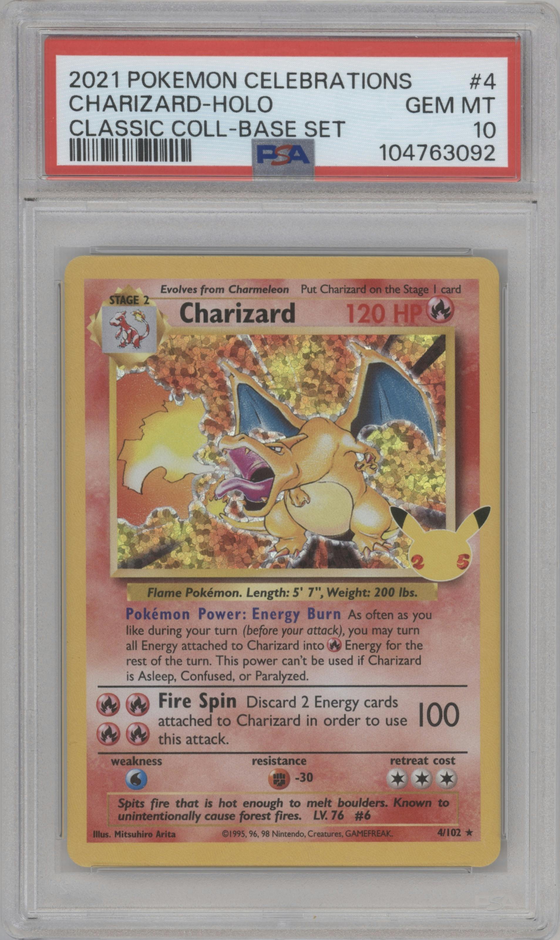 Charizard from the 2021 Pokemon SWSH set featuring a Base Set parallel graded by PSA and given an overall grade of 10.