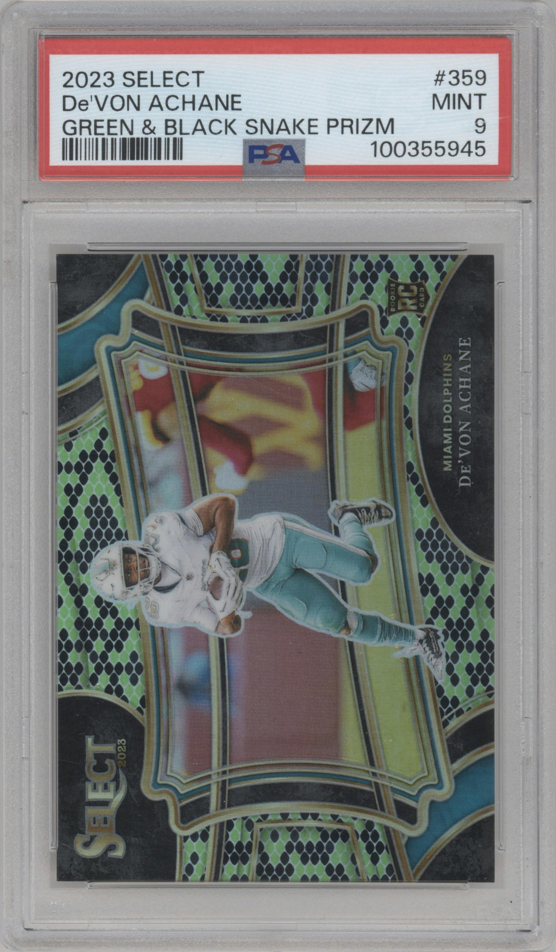 De'Von Achane from the 2023 Panini Select set featuring a Green and Black Snakeskin Prizm parallel graded by PSA and given an overall grade of 9.