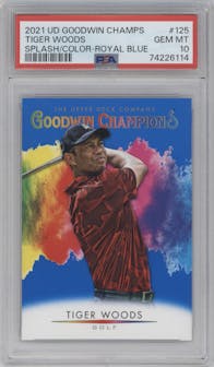 Tiger Woods from the 2021 Upper Deck Goodwin Champions set featuring a Royal Blue parallel graded by PSA and given an overall grade of 10.