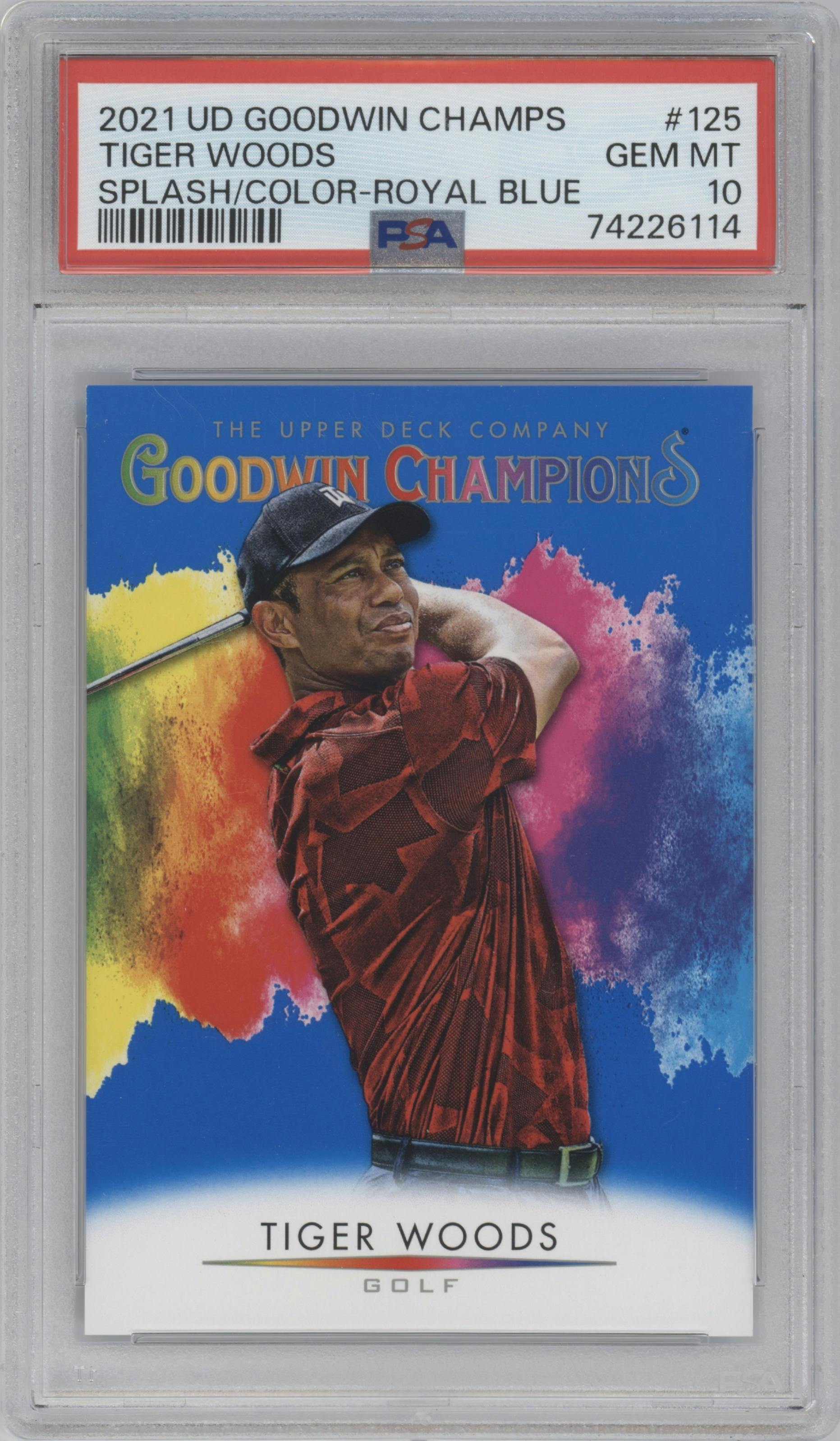 Tiger Woods from the 2021 Upper Deck Goodwin Champions set featuring a Royal Blue parallel graded by PSA and given an overall grade of 10.