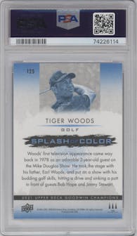 Tiger Woods from the 2021 Upper Deck Goodwin Champions set featuring a Royal Blue parallel graded by PSA and given an overall grade of 10.