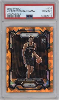 Victor Wembanyama from the 2023-24 Panini Prizm set featuring a Orange Ice parallel graded by PSA and given an overall grade of 10.