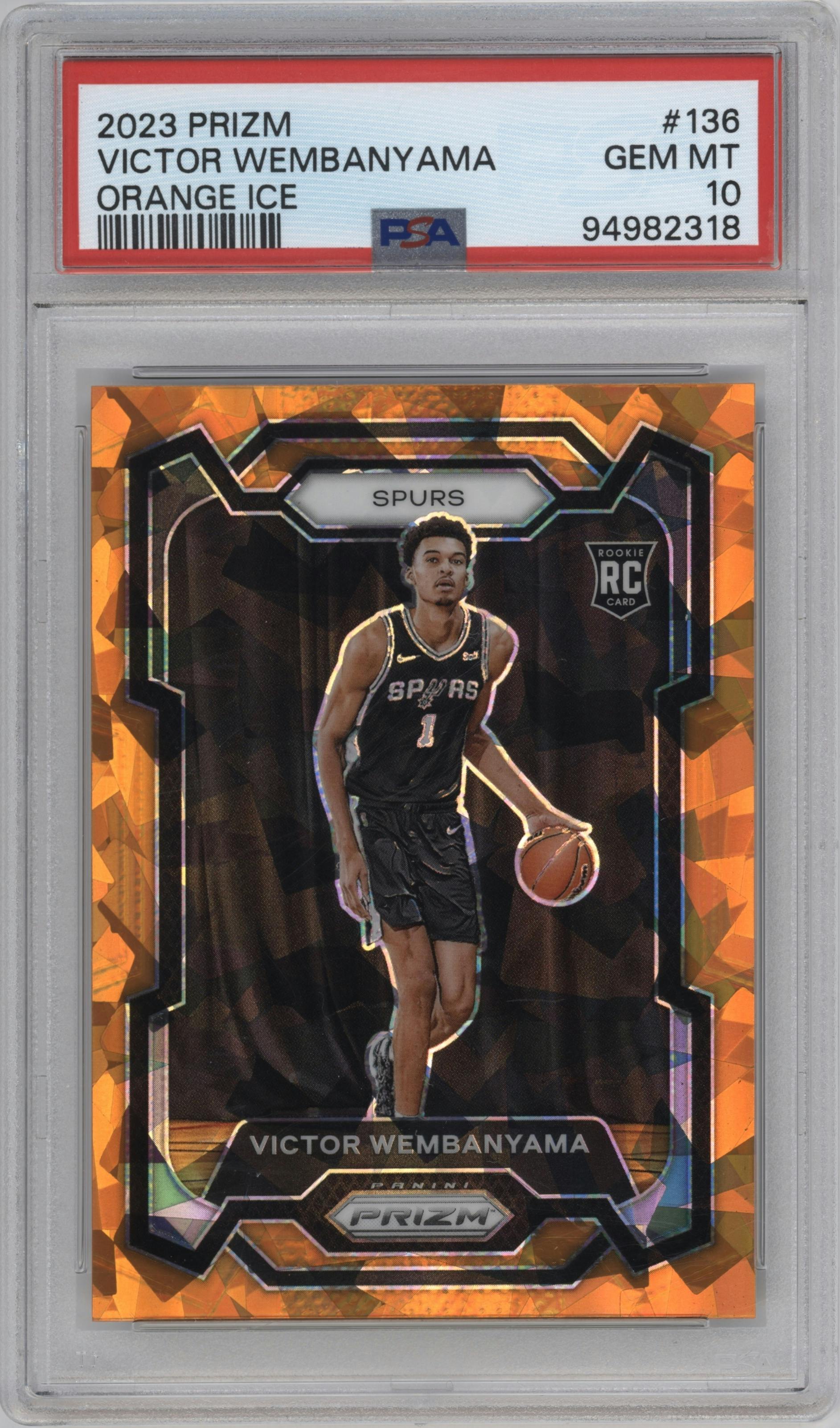 Victor Wembanyama from the 2023-24 Panini Prizm set featuring a Orange Ice parallel graded by PSA and given an overall grade of 10.