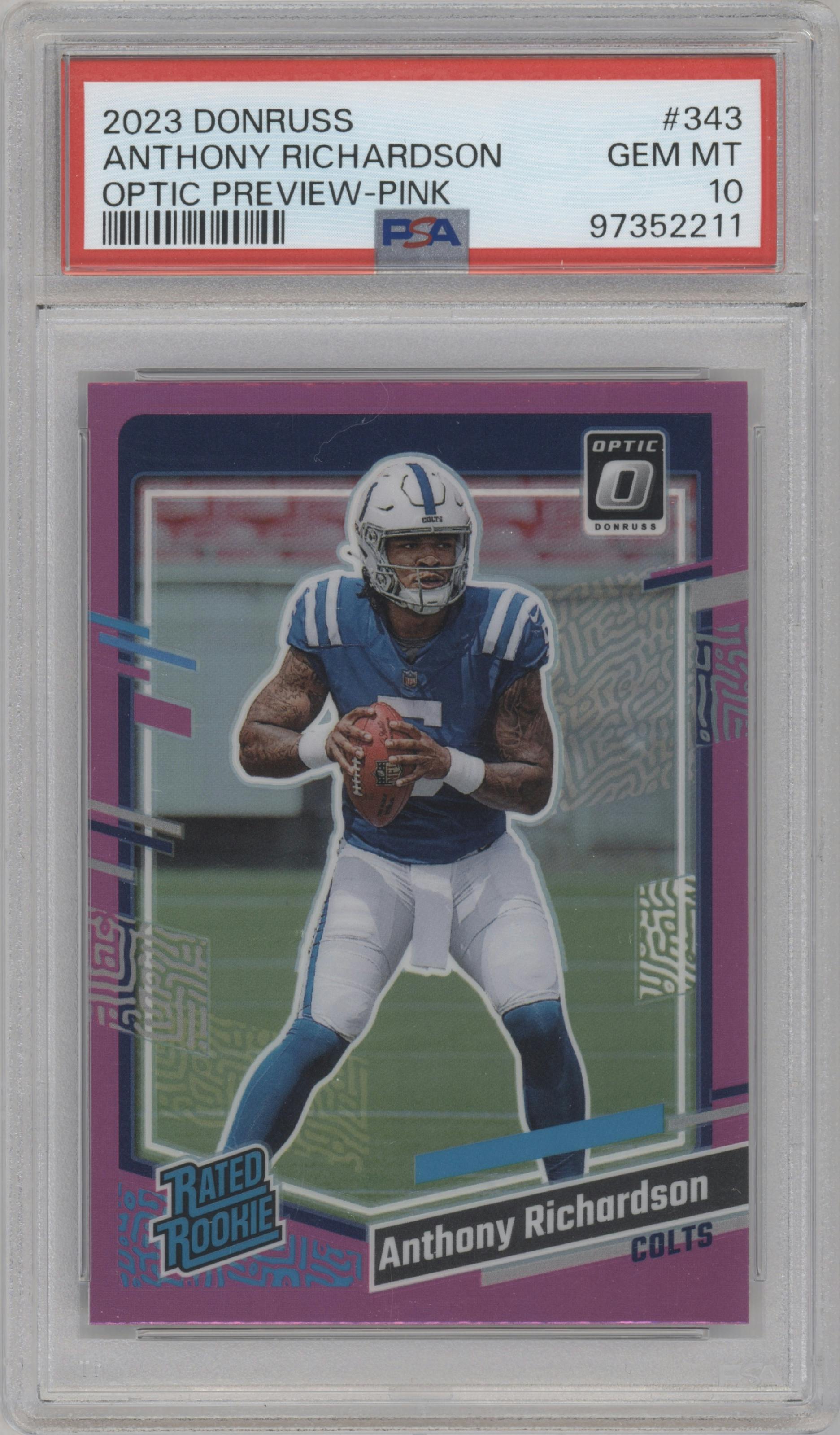 Anthony Richardson  from the 2023 Panini Donruss set featuring a Pink parallel graded by PSA and given an overall grade of 10.