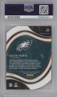 Jalen Hurts from the 2020 Panini Select set featuring a Die-Cut Neon Green parallel graded by PSA and given an overall grade of 10.