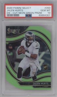 Jalen Hurts from the 2020 Panini Select set featuring a Die-Cut Neon Green parallel graded by PSA and given an overall grade of 10.