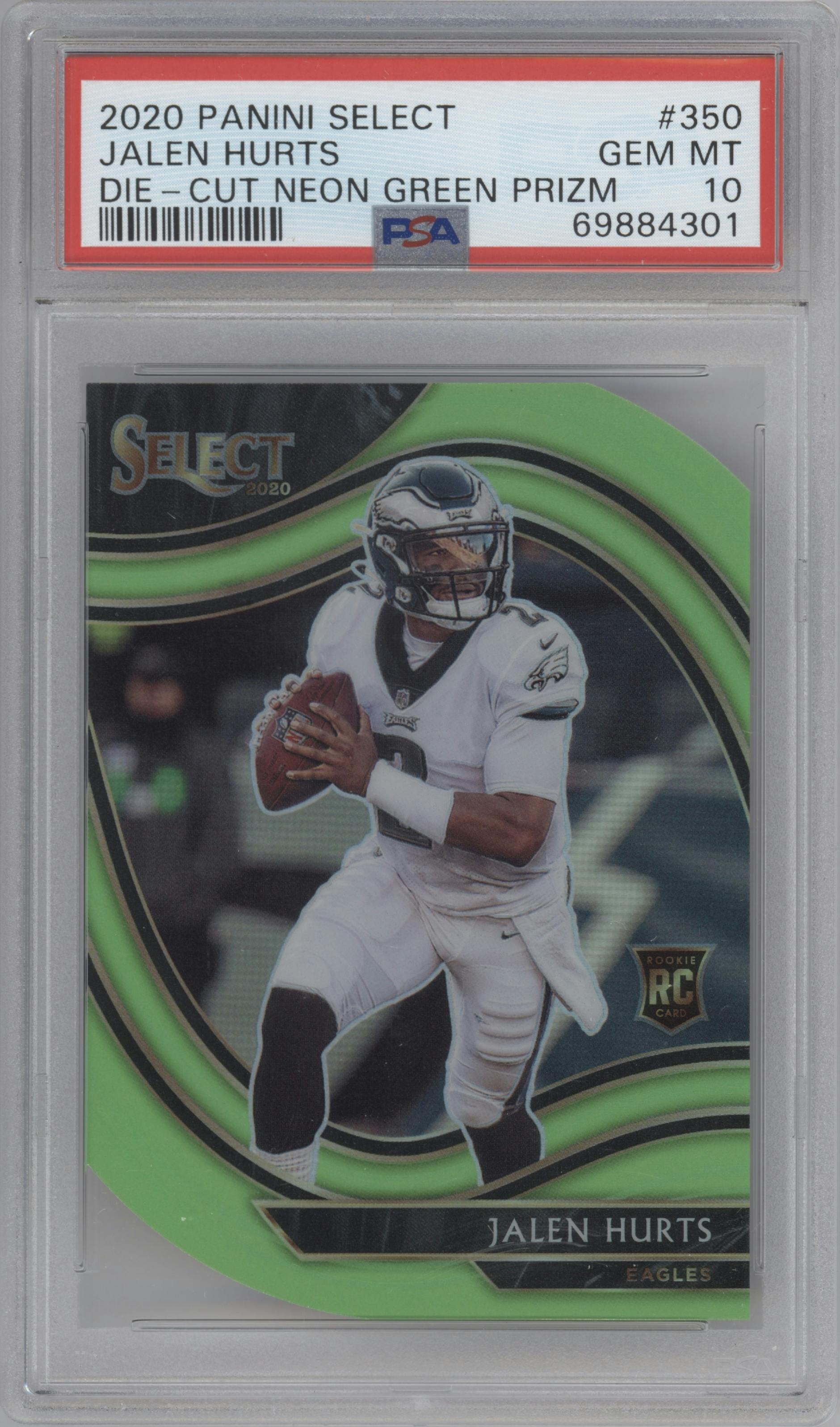 Jalen Hurts from the 2020 Panini Select set featuring a Die-Cut Neon Green parallel graded by PSA and given an overall grade of 10.