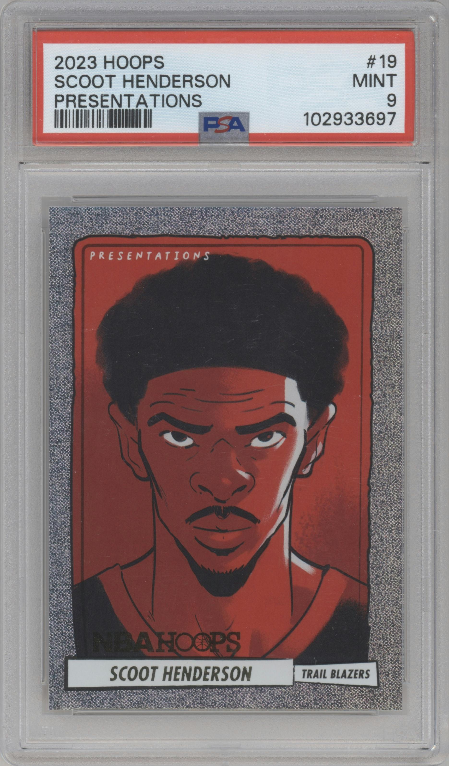 Scoot Henderson from the 2023-24 Panini NBA Hoops set graded by PSA and given an overall grade of 9.