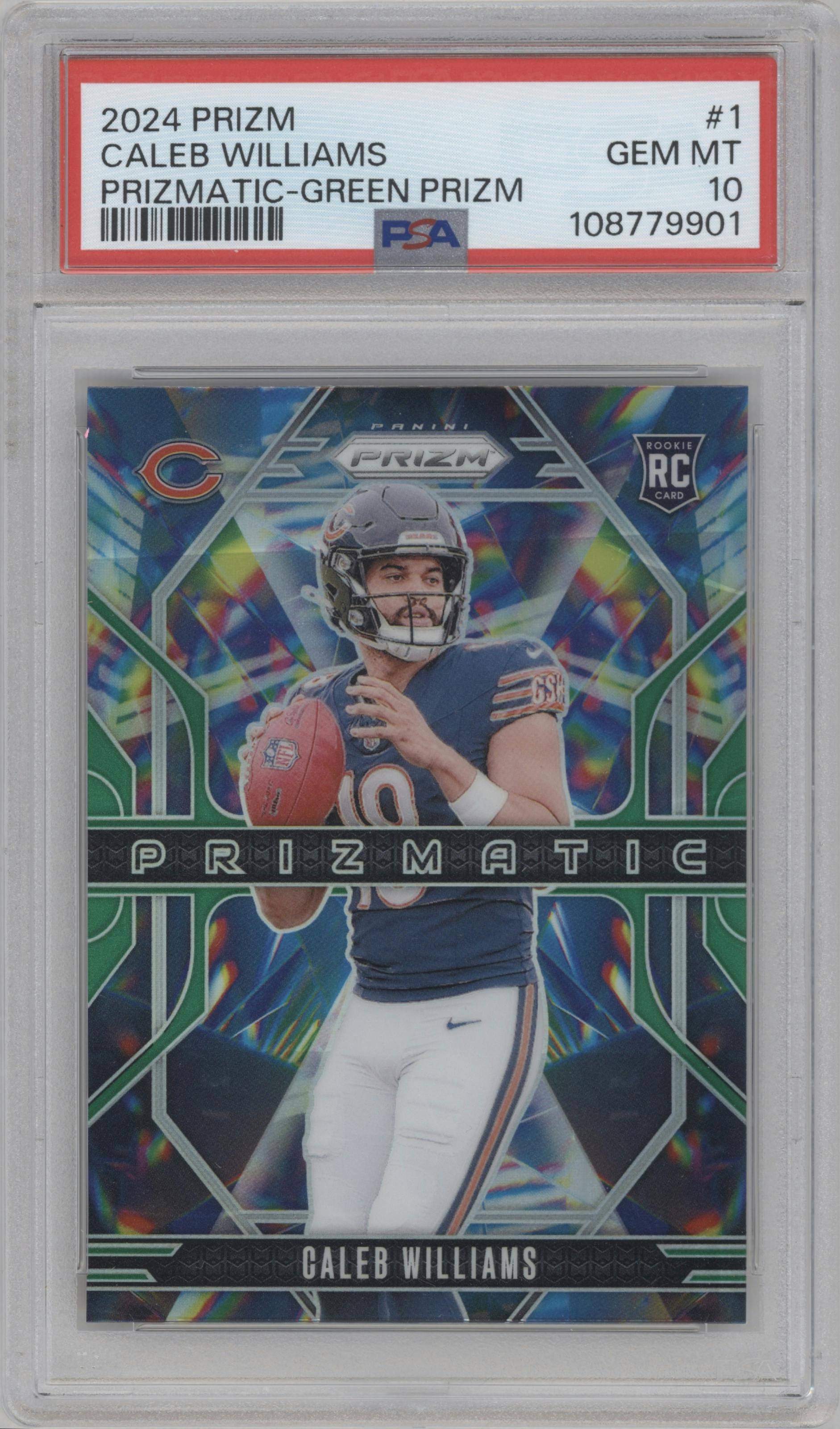 Caleb Williams from the 2024 Panini Prizm set featuring a Green Prizm parallel graded by PSA and given an overall grade of 10.