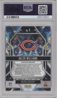 Caleb Williams from the 2024 Panini Prizm set featuring a Green Prizm parallel graded by PSA and given an overall grade of 10.