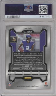 Jordan Addison from the 2023 Panini Prizm set featuring a Lazer parallel graded by PSA and given an overall grade of 9.