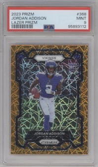 Jordan Addison from the 2023 Panini Prizm set featuring a Lazer parallel graded by PSA and given an overall grade of 9.