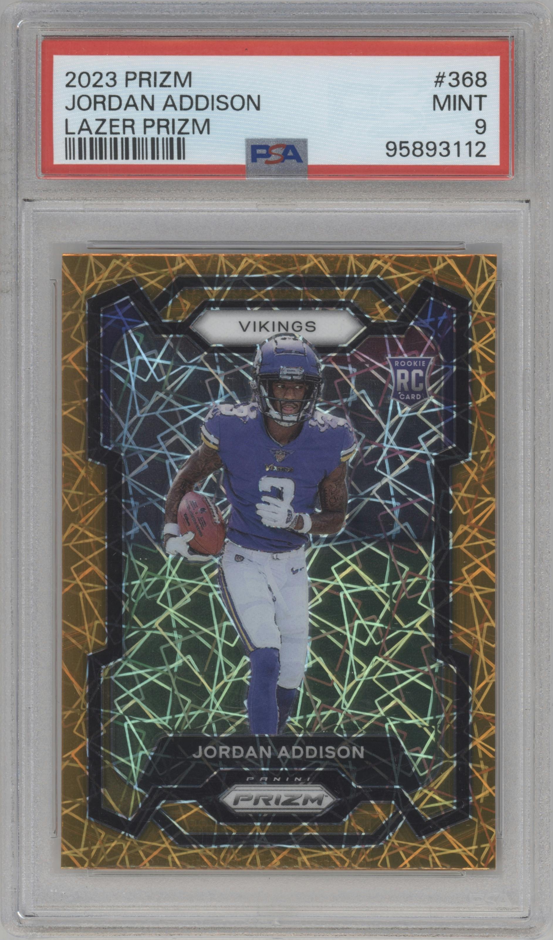 Jordan Addison from the 2023 Panini Prizm set featuring a Lazer parallel graded by PSA and given an overall grade of 9.