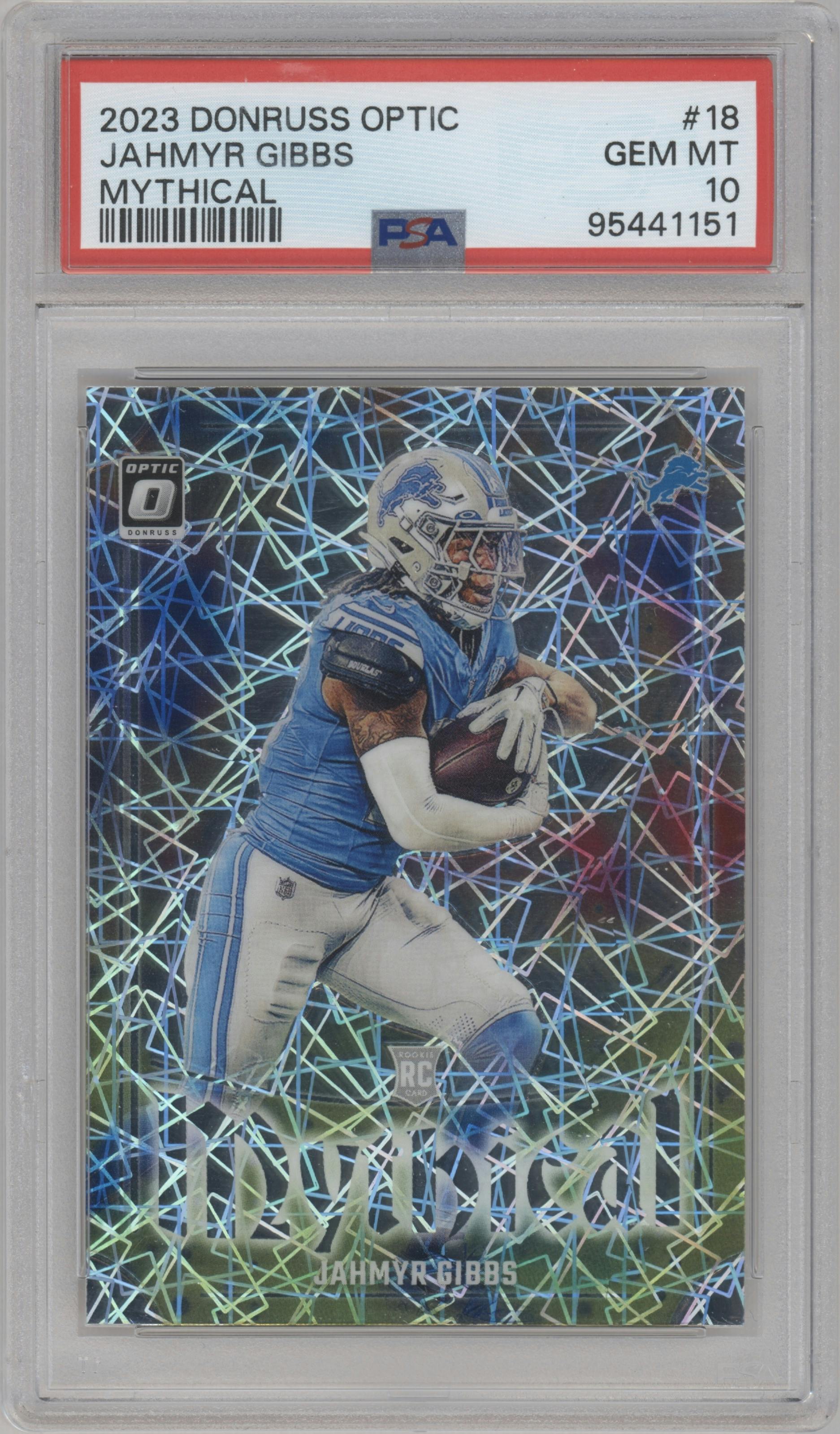 Jahmyr Gibbs from the 2023 Donruss Optic set graded by PSA and given an overall grade of 10.