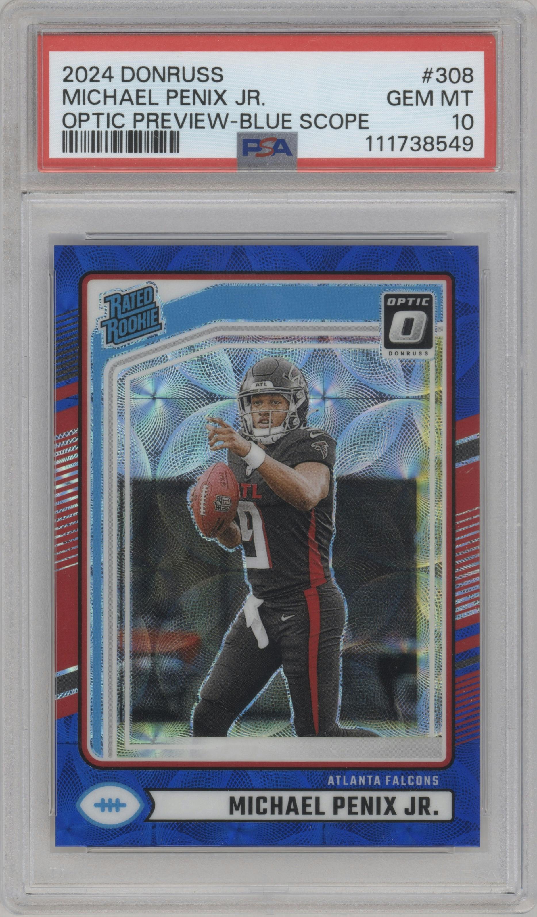 Michael Penix Jr.  from the 2024 Donruss set featuring a Blue Scope parallel graded by PSA and given an overall grade of 10.