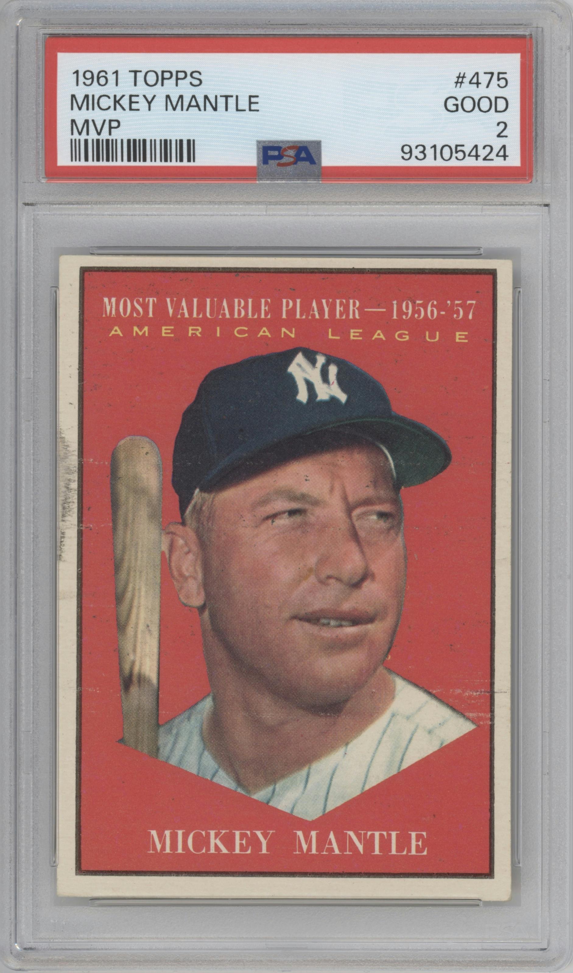 Mickey Mantle from the 1961 Topps set graded by PSA and given an overall grade of 2.