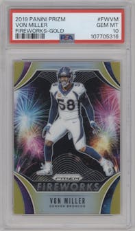 Von Miller from the 2019 Panini Prizm set featuring a Gold Prizm parallel graded by PSA and given an overall grade of 10.