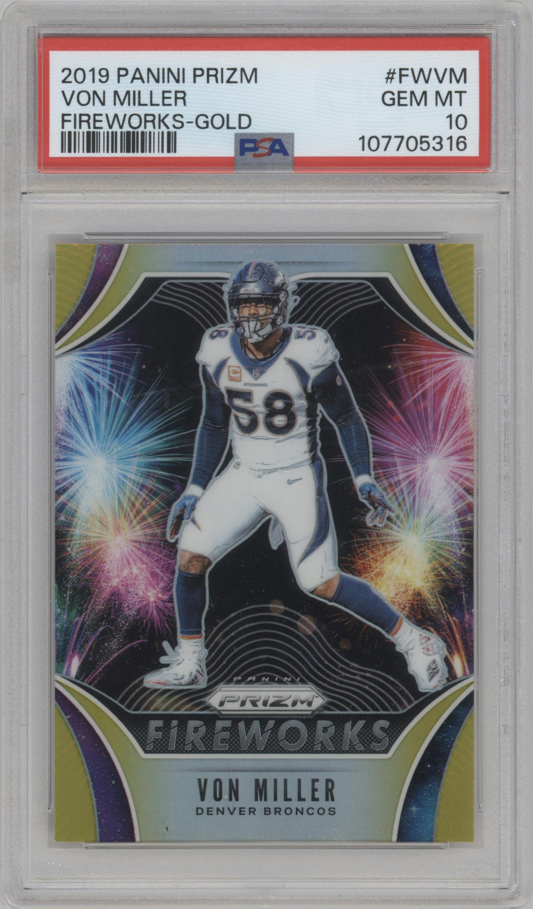 Von Miller from the 2019 Panini Prizm set featuring a Gold Prizm parallel graded by PSA and given an overall grade of 10.